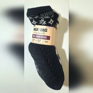 Muk Luks Black and Cream Fair Isle Cable Tall Cabin Socks